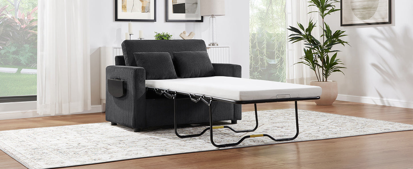 Twin Size Sofa Bed 47.2' Sleeper Sofa Loveseat With Foldable Mattress, Side Table, Storage Pocket, USB Ports, Black Cord