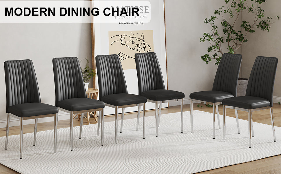 A Set of 6 Dining Chairs, Black Dining Chair Set, PU Material High Backrest Seats and Sturdy Leg Chairs, Suitable for Re