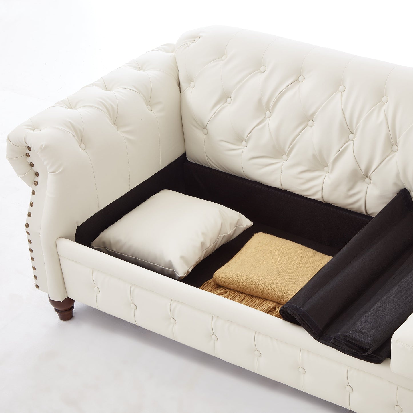 85.8' Living Room Chesterfield Sofa Classic Tufted Design Faux Leather PU Upholstered Sofa With Storage (Ivory)
