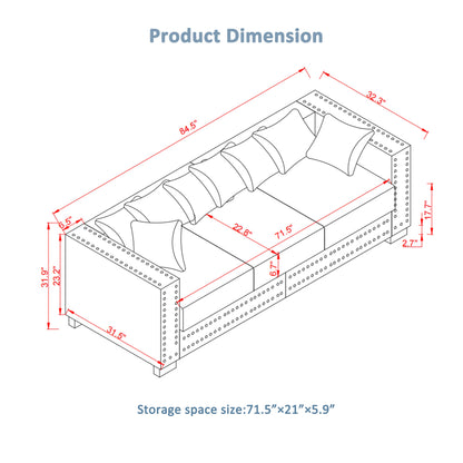 Modern Design Living Room Sofa Square Armrest With Silver Nails Decoration Upholstered Velvet Couch Black