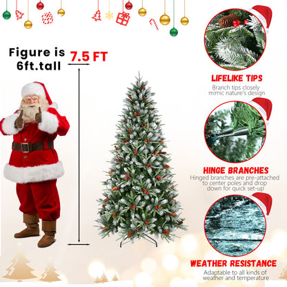 7FT Christmas Tree With 2178 Tips, Red Berries & Pine Cones – Snow-Dusted PE+PVC Branches, Hinged Design for Easy Setup,
