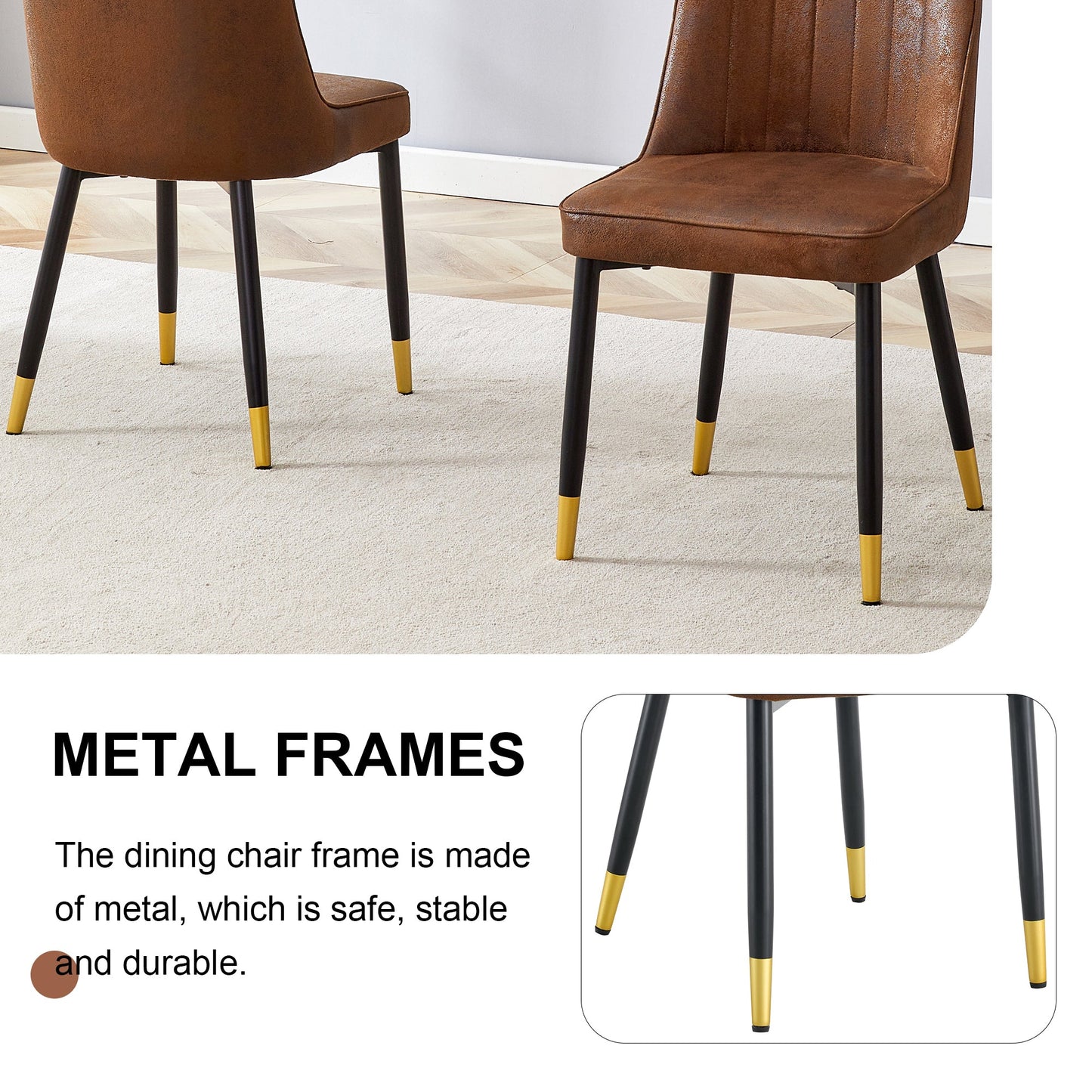 Modern Brown Suede-Like Velvet Dining Chair Set With Black Metal Legs and Gold Accents