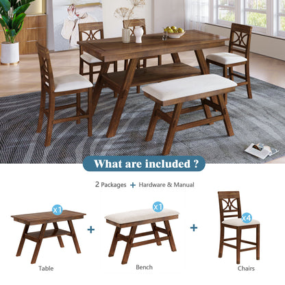 6-Piece Wood Counter Height Dining Table Set With Storage Shelf, Kitchen Table Set With Bench and 4 Chairs,Rustic Style,