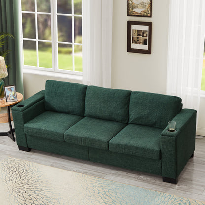 93.7' Modern Style Living Room Sofa Fabric Couch,Square Arm Sofa With Cup Holder,Storage Sofa,Upholstered Polyester Gree