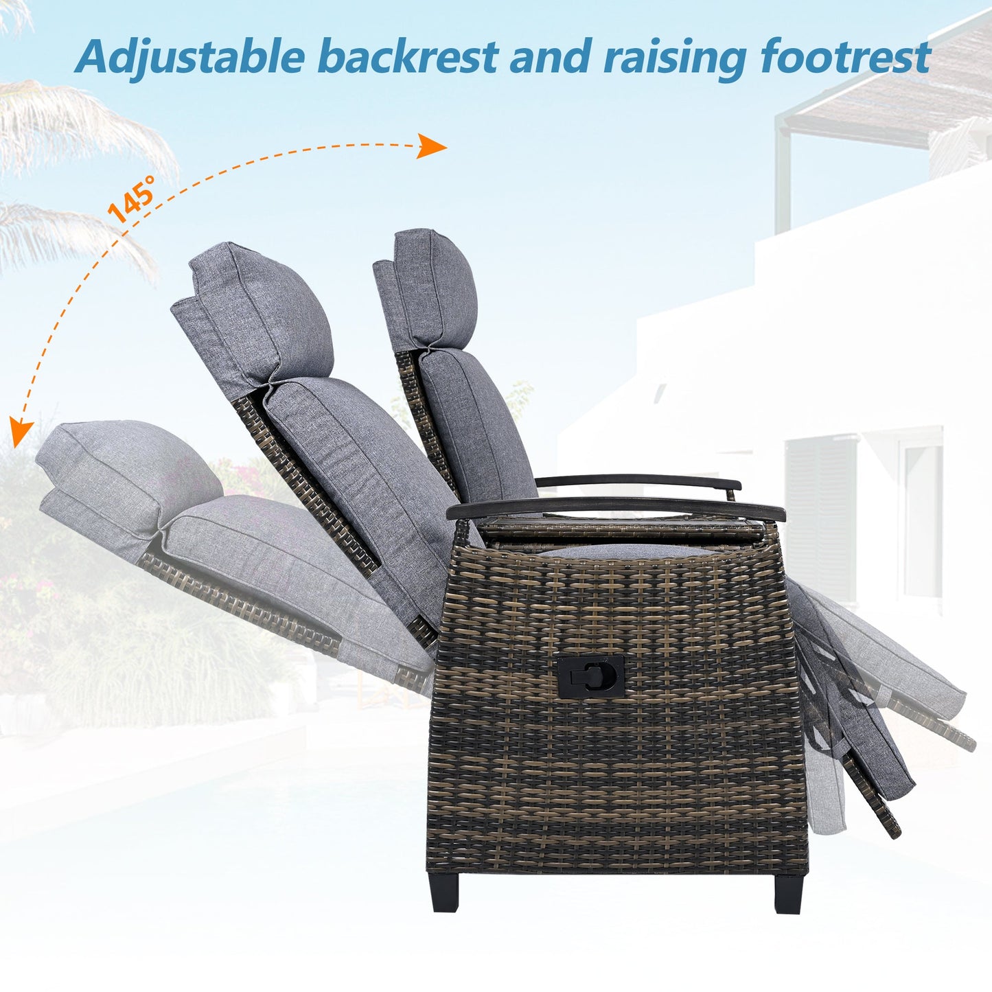 Patio Recliner Loveseat Chair, Adjustable Backrest Wicker Outdoor Lounge Chair Set With Acacia Wood Armrests and Built-I