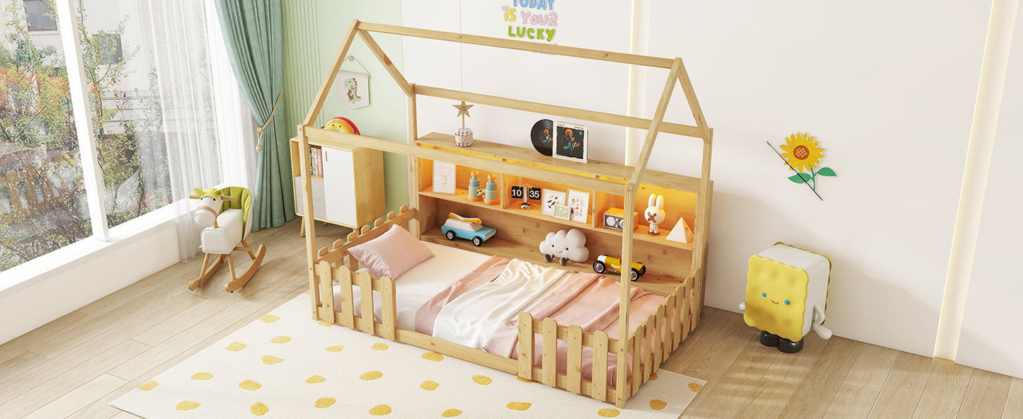 Twin Size House Bed With LED Light, Wood House Bed With Storage Bookshelf, Floor House Bed With Guardrails for Kids, Nat