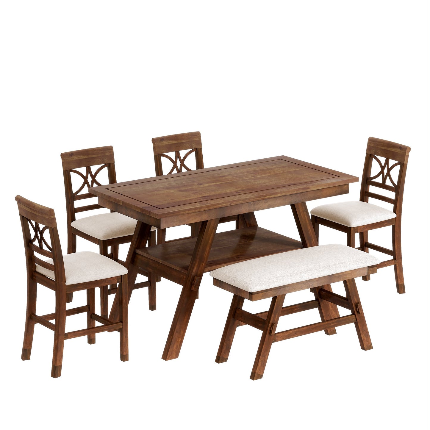 6-Piece Wood Counter Height Dining Table Set With Storage Shelf, Kitchen Table Set With Bench and 4 Chairs,Rustic Style,