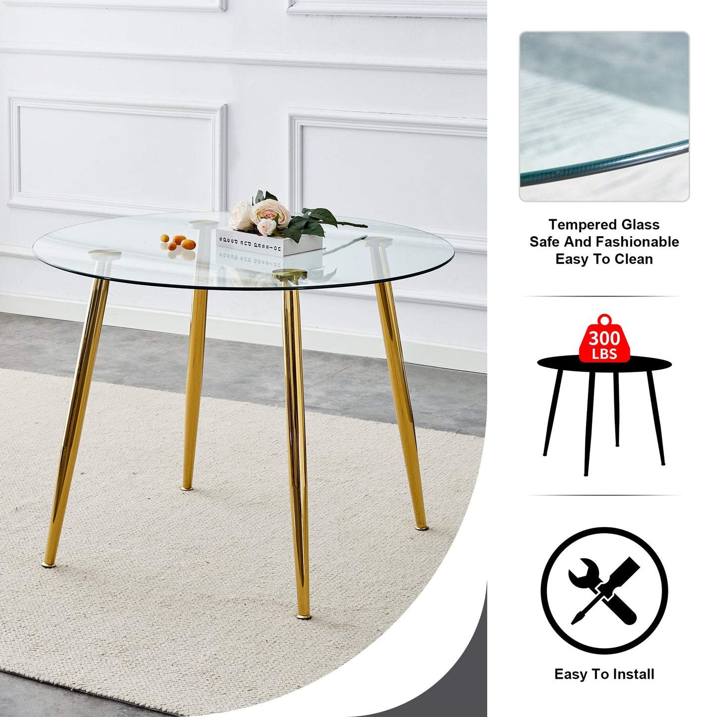 A Glass Tabletop With a Diameter of 40 Inches and a Modern Minimalist Circular Dining Table With Gold Plated Metal Legs.