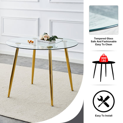 A Glass Tabletop With a Diameter of 40 Inches and a Modern Minimalist Circular Dining Table With Gold Plated Metal Legs.