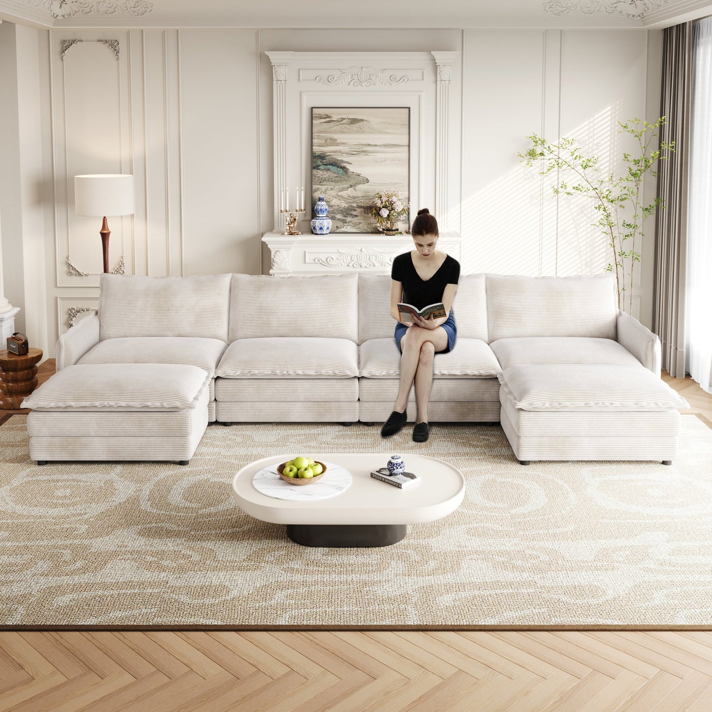 Corduroy Fabric 4-Seater Comfy Cloud Couch With 2 Movable Footrest for Living Room,Oversized Deep Seat U-Shaped Couch Se