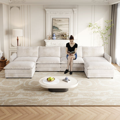 Corduroy Fabric 4-Seater Comfy Cloud Couch With 2 Movable Footrest for Living Room,Oversized Deep Seat U-Shaped Couch Se