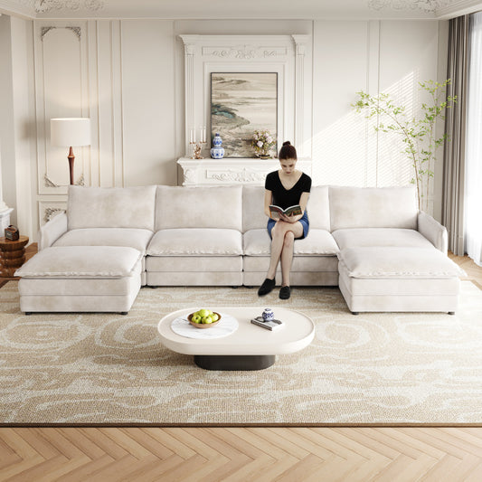 Corduroy Fabric 4-Seater Comfy Cloud Couch With 2 Movable Footrest for Living Room,Oversized Deep Seat U-Shaped Couch Se