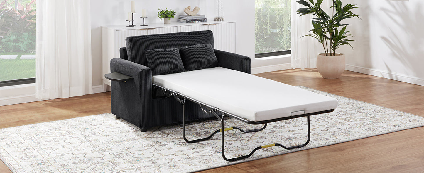 Twin Size Sofa Bed 47.2' Sleeper Sofa Loveseat With Foldable Mattress, Side Table, Storage Pocket, USB Ports, Black Cord