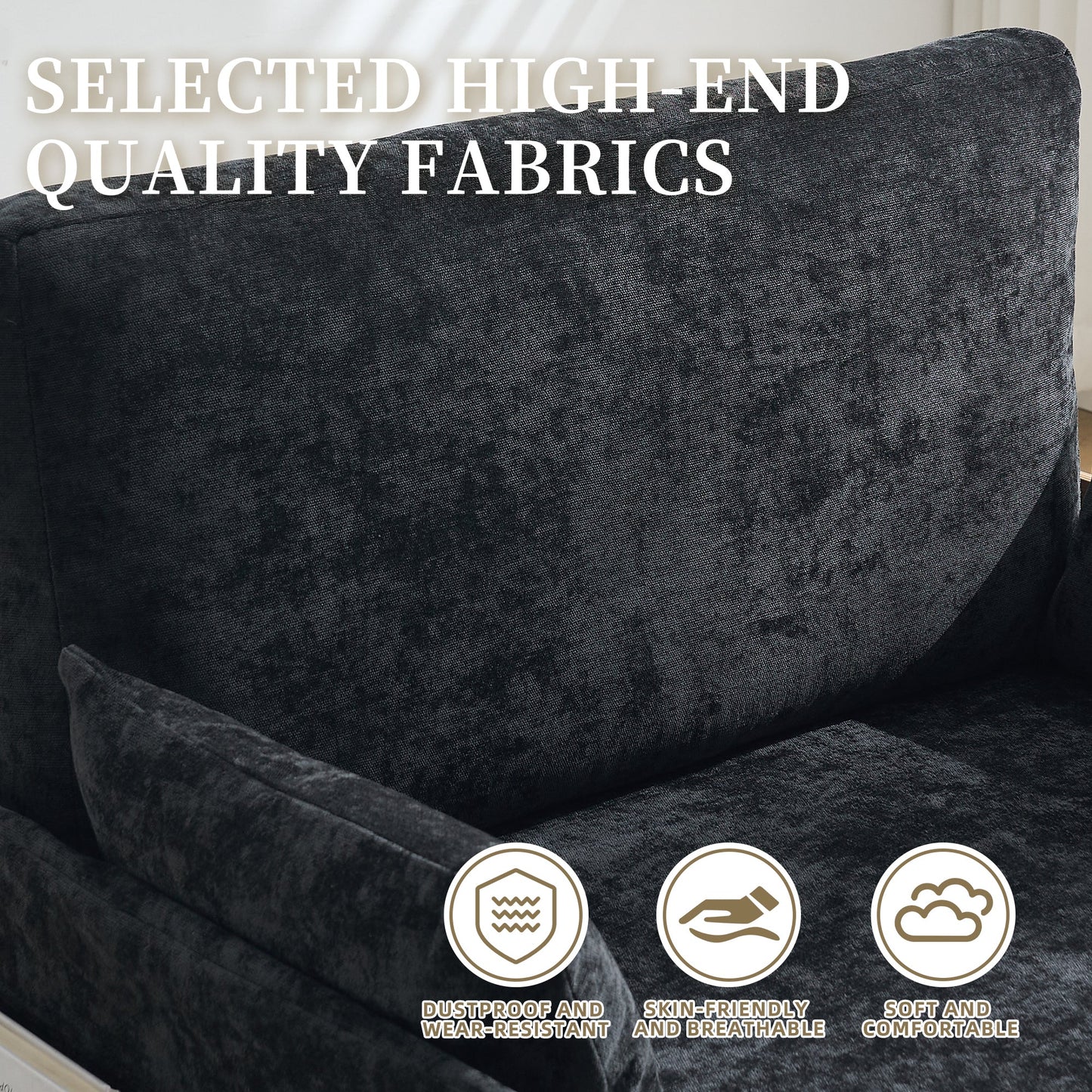 Mid-Century Modern Foldable Sofa Bed Recliner, 3-In-1 Convertible Sleeper With Three Pillows, Black Chenille for Small S