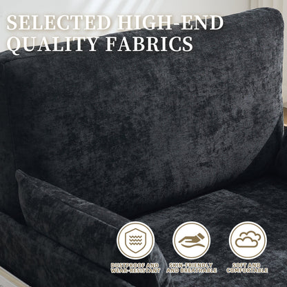 Mid-Century Modern Foldable Sofa Bed Recliner, 3-In-1 Convertible Sleeper With Three Pillows, Black Chenille for Small S