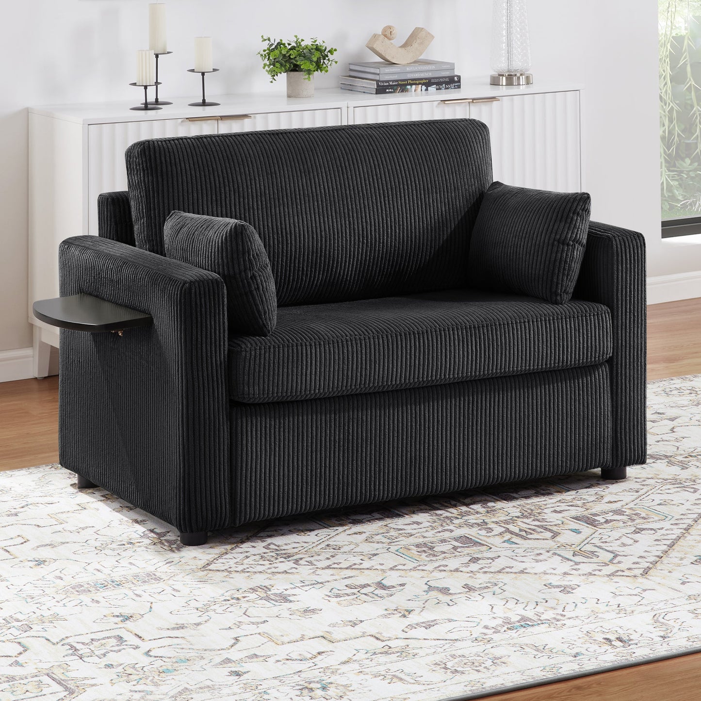 Twin Size Sofa Bed 47.2' Sleeper Sofa Loveseat With Foldable Mattress, Side Table, Storage Pocket, USB Ports, Black Cord