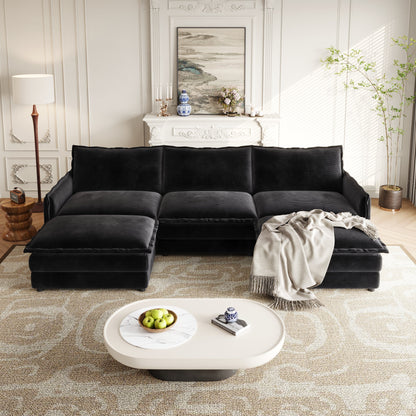 Corduroy Fabric 3-Seater Comfy Cloud Couch With 2 Movable Footrest for Living Room,Oversized Deep Seat U Shaped Couch Se