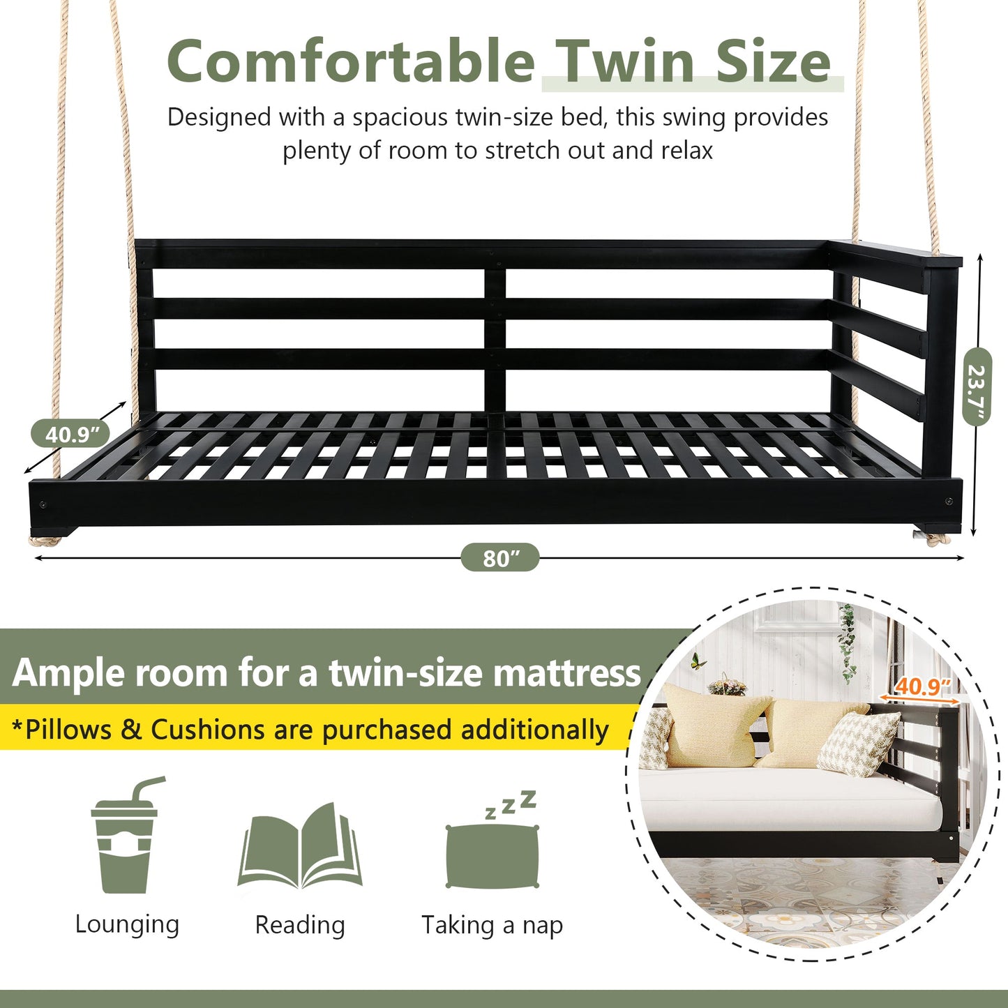 Country Patio Wooden Twin Size Swing Daybed Porch Swing Frame With 4pcs 96-Inch Hemp Ropes for Backyard, Garden, Black