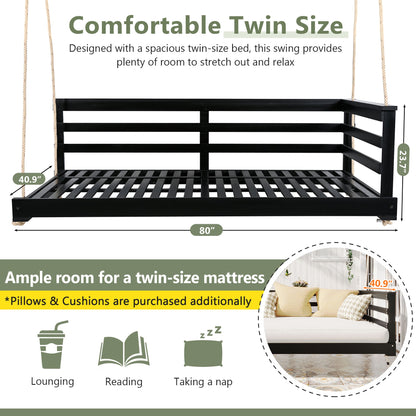 Country Patio Wooden Twin Size Swing Daybed Porch Swing Frame With 4pcs 96-Inch Hemp Ropes for Backyard, Garden, Black