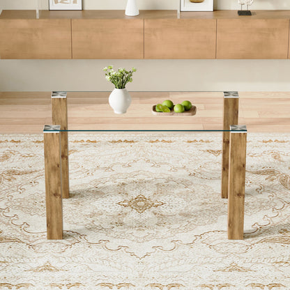 A 49.6 * 30 Inch Transparent Tempered Glass Dining Table With Rectangular Wood Color MDF Wood Grain Legs, Combining Simp