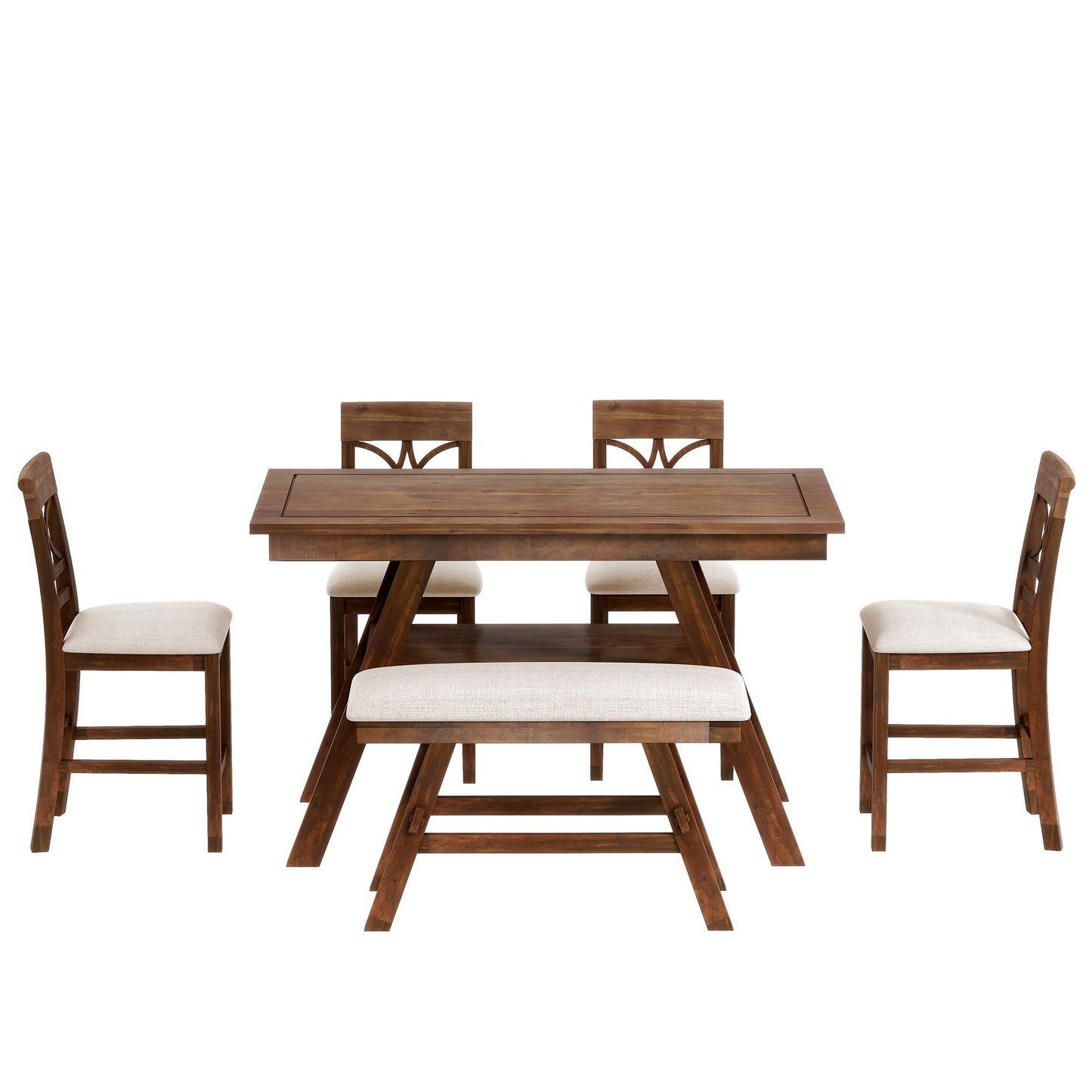 6-Piece Wood Counter Height Dining Table Set With Storage Shelf, Kitchen Table Set With Bench and 4 Chairs,Rustic Style,