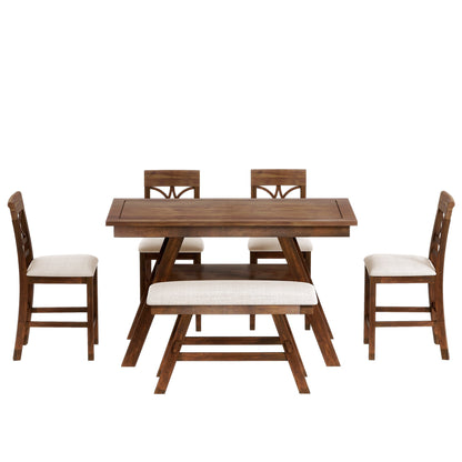 6-Piece Wood Counter Height Dining Table Set With Storage Shelf, Kitchen Table Set With Bench and 4 Chairs,Rustic Style,