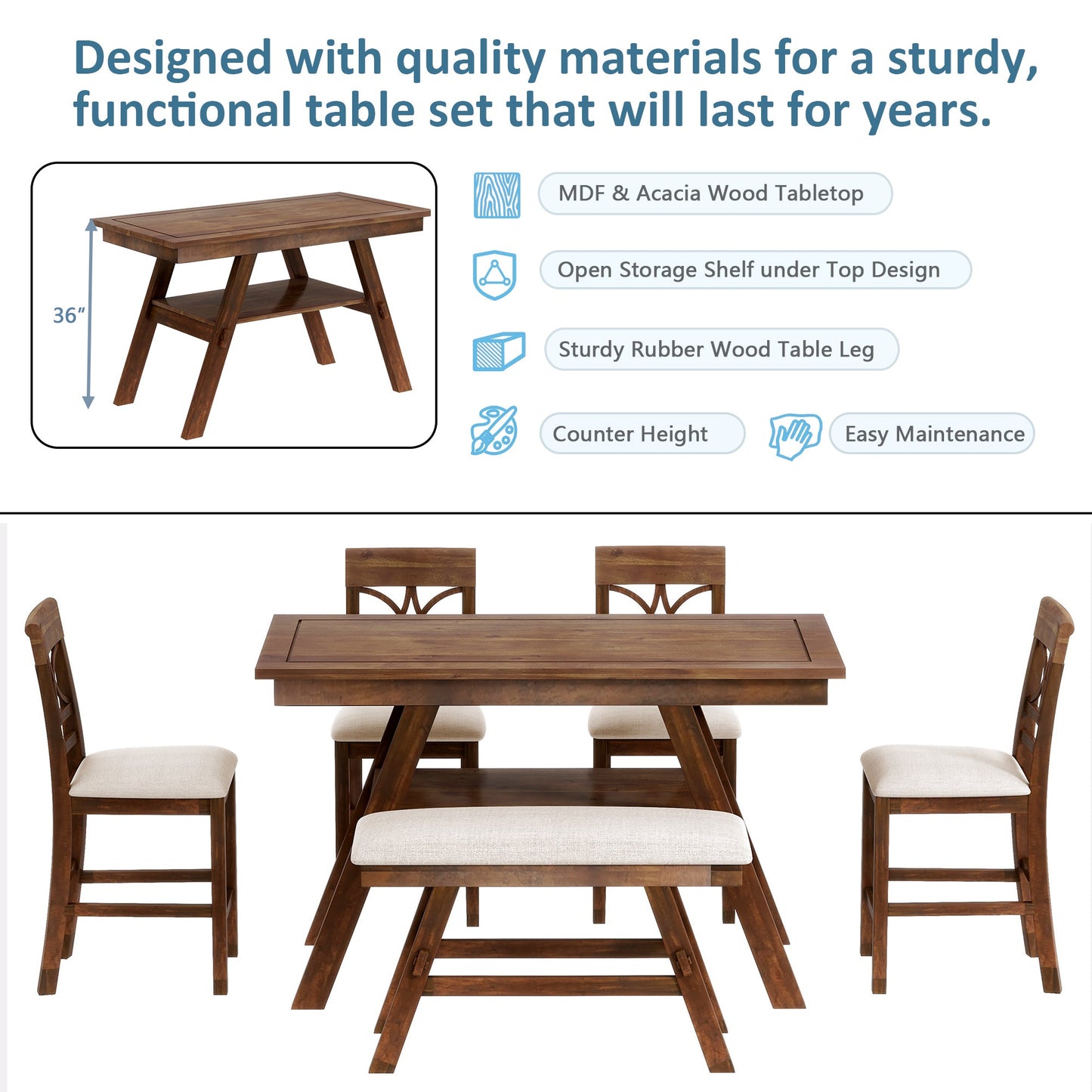 6-Piece Wood Counter Height Dining Table Set With Storage Shelf, Kitchen Table Set With Bench and 4 Chairs,Rustic Style,