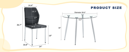 Table and Chair set.A 38.6' Transparent Tempered Glass Round Dining Table-Silver Metal Legs.Paired With 6 BLACK PU Mater