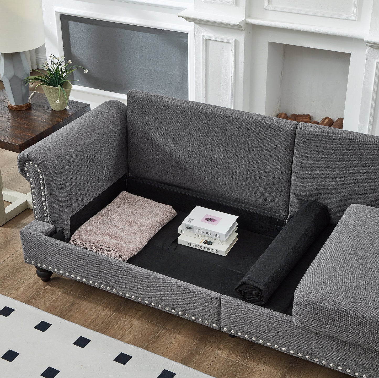 Modern Classic Design With Nails Living Room 2+3 Seater Sofa Fabric Couch,Upholstered Polyester Grey.