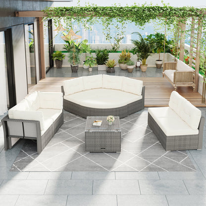 Patio Furniture Set Outdoor Daybed Rattan Sectional With Cushions and Center Table, Beige, Iron & Rattan, Multiple Sizes