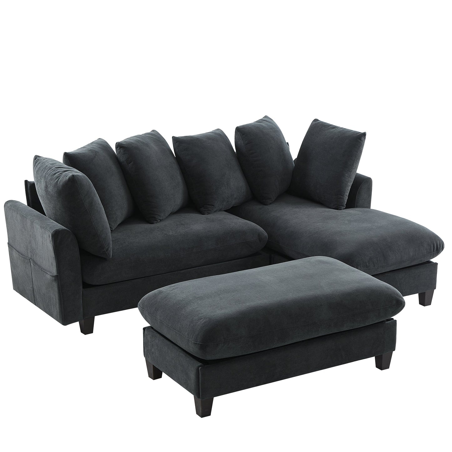 Black Upholstered 83' L-Shaped Sectional Sofa With Storage, Movable Ottoman, and Six Throw Pillows