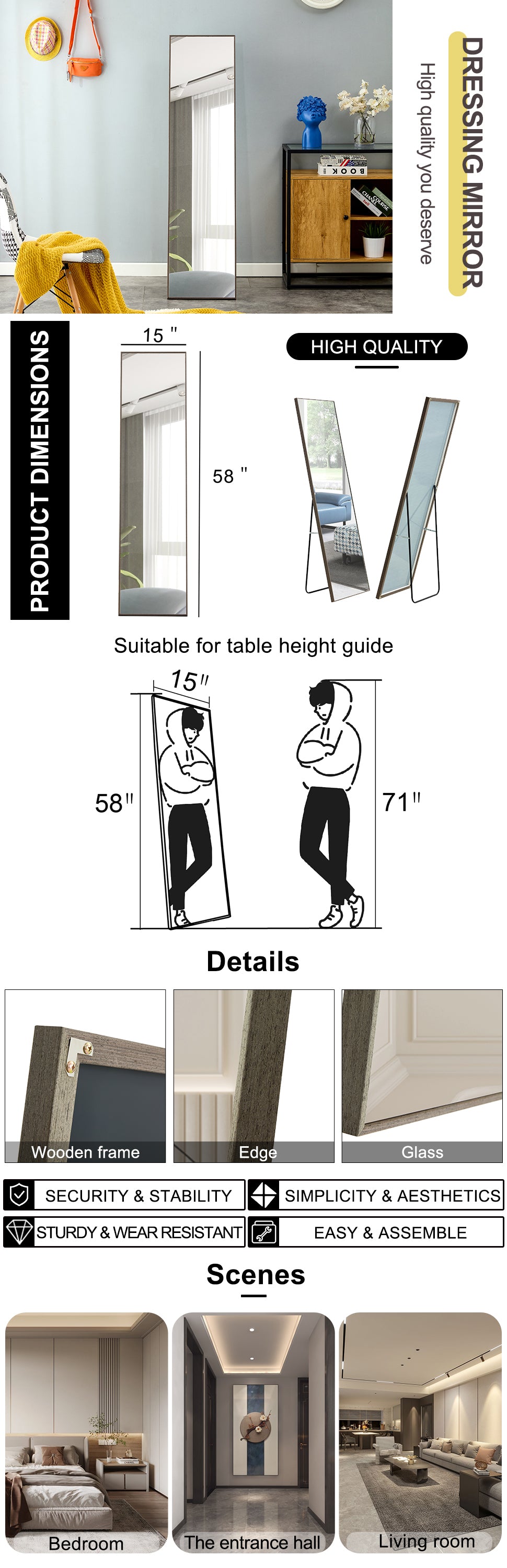 3rd Generation Gray Solid Wood Frame Full Length Mirror, Dressing Mirror, Bedroom Porch, Decorative Mirror, Clothing Sto
