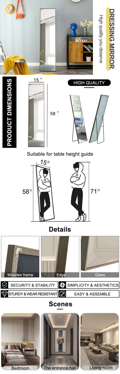 3rd Generation Gray Solid Wood Frame Full Length Mirror, Dressing Mirror, Bedroom Porch, Decorative Mirror, Clothing Sto