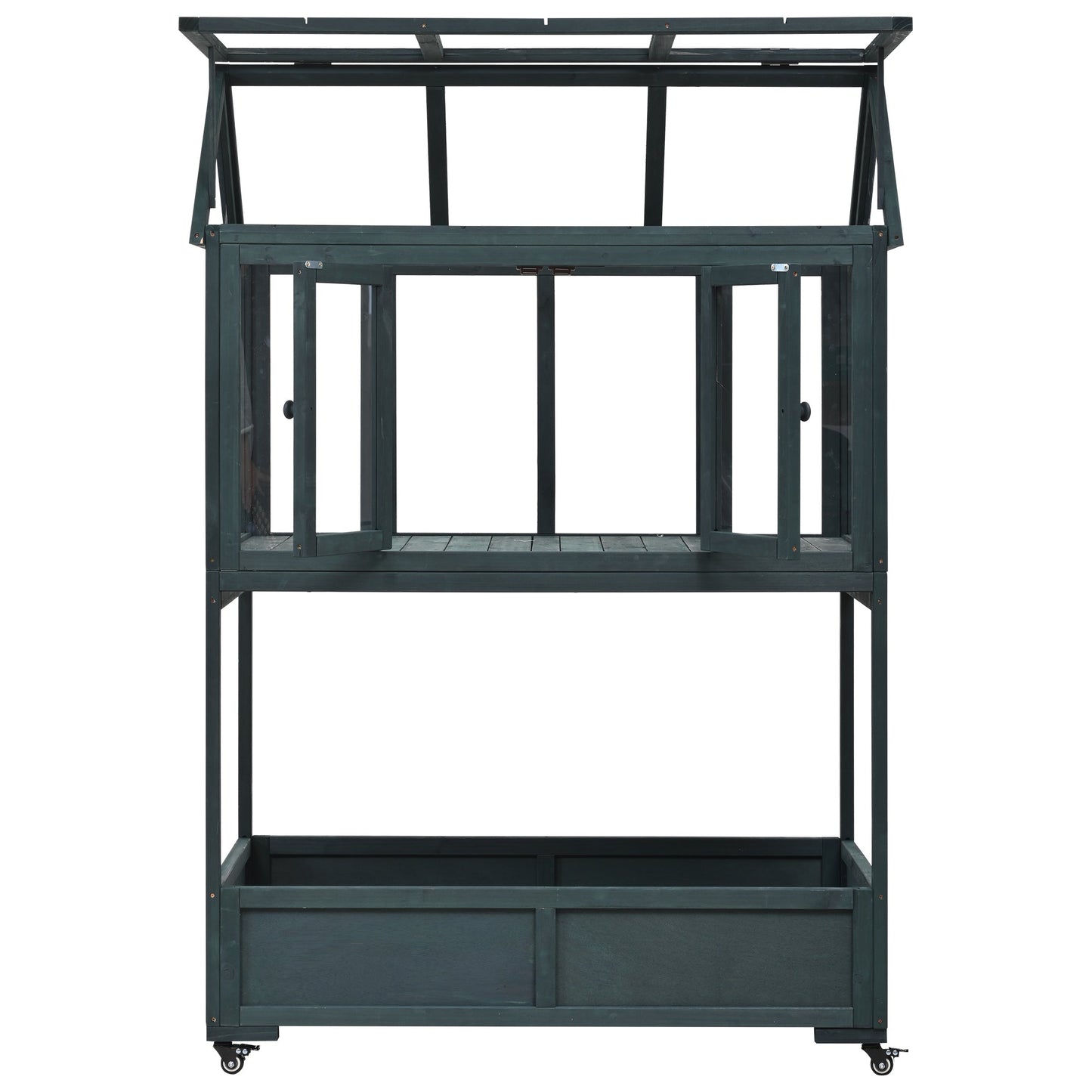 Garden Wood Portable Cold Frame With Movable Wheels Mini Greenhouse With Openable Roof and Storage Box, Forest Green