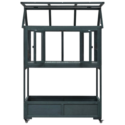 Garden Wood Portable Cold Frame With Movable Wheels Mini Greenhouse With Openable Roof and Storage Box, Forest Green