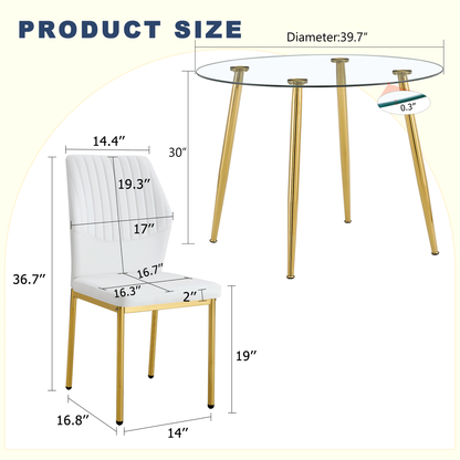 Table and Chair Set.39.7 Inch Diameter Modern Luxury Glass Dining Table and Chair Set - Gold Metal Legs.Paired With 4 WH