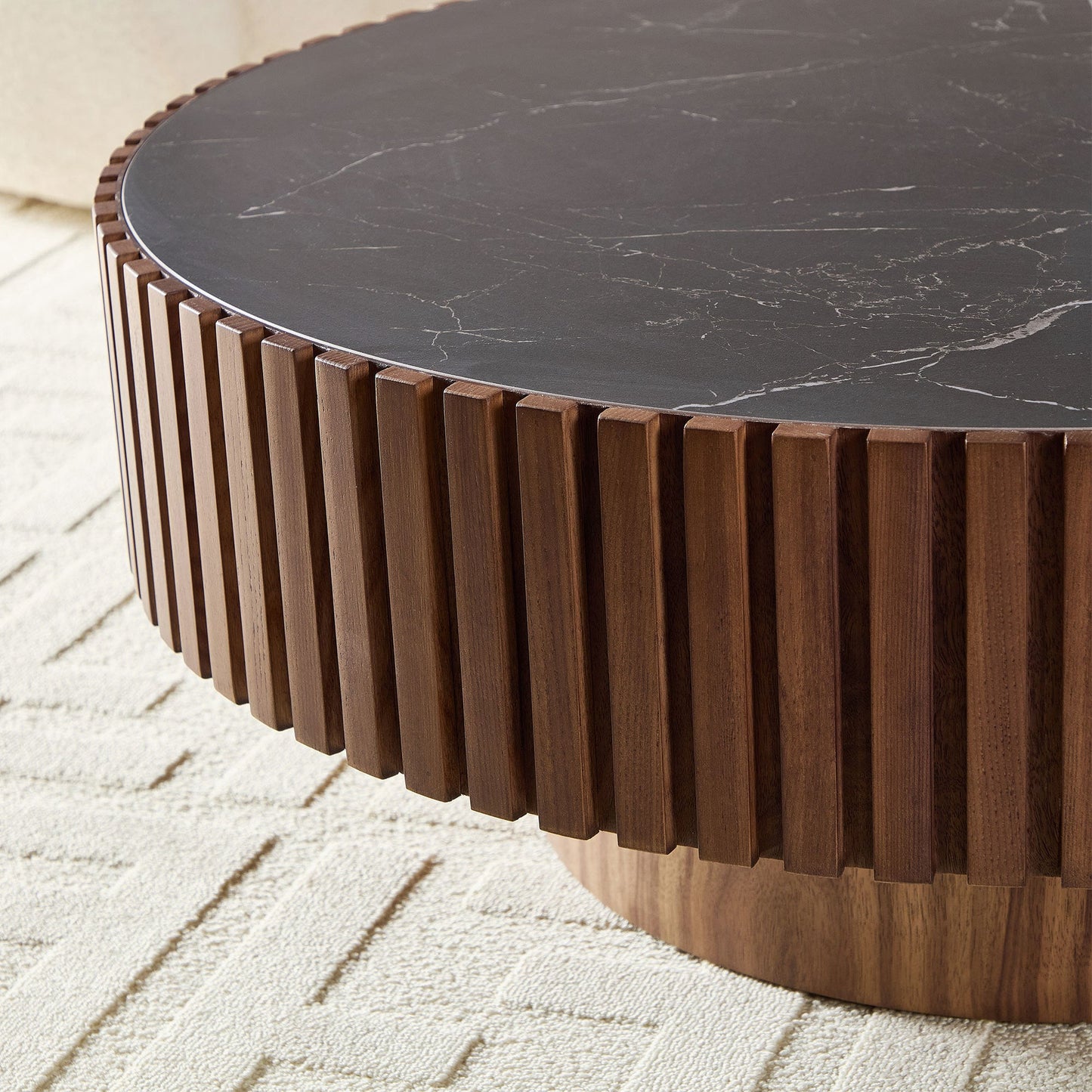 35.43'' Nesting Round Sintered Stone Tabletop Modern Drum Coffee Table Luxury Circle Coffee Table for Apartment Walnut