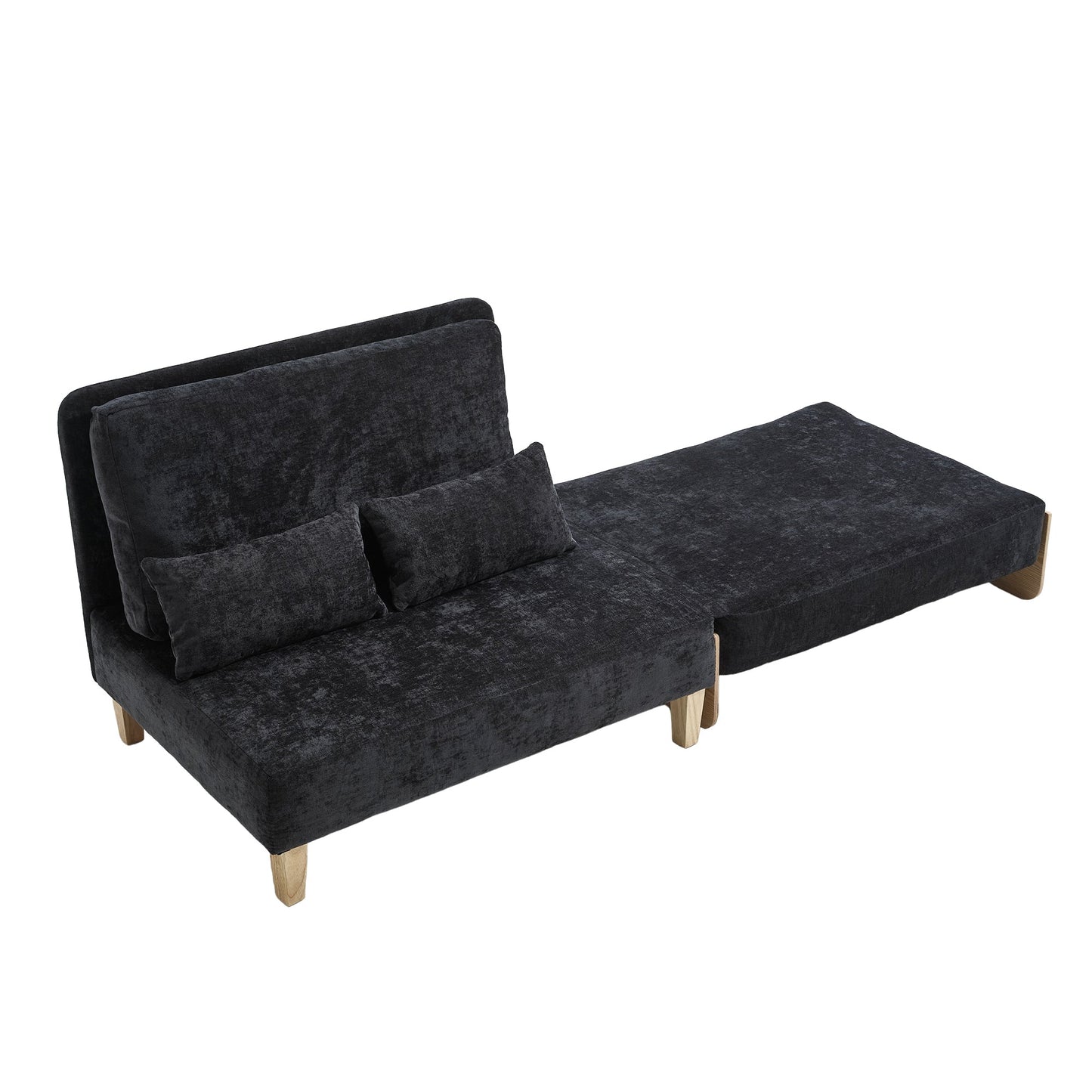 Mid-Century Modern Foldable Sofa Bed Recliner, 3-In-1 Convertible Sleeper With Three Pillows, Black Chenille for Small S