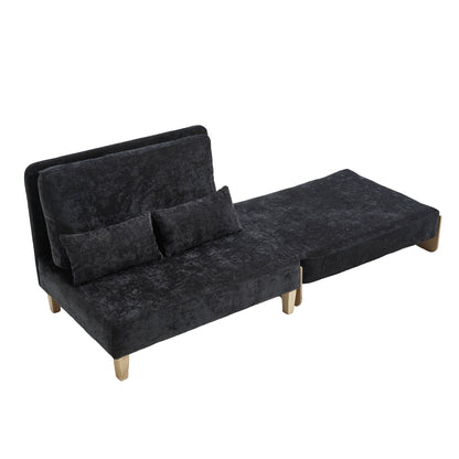 Mid-Century Modern Foldable Sofa Bed Recliner, 3-In-1 Convertible Sleeper With Three Pillows, Black Chenille for Small S