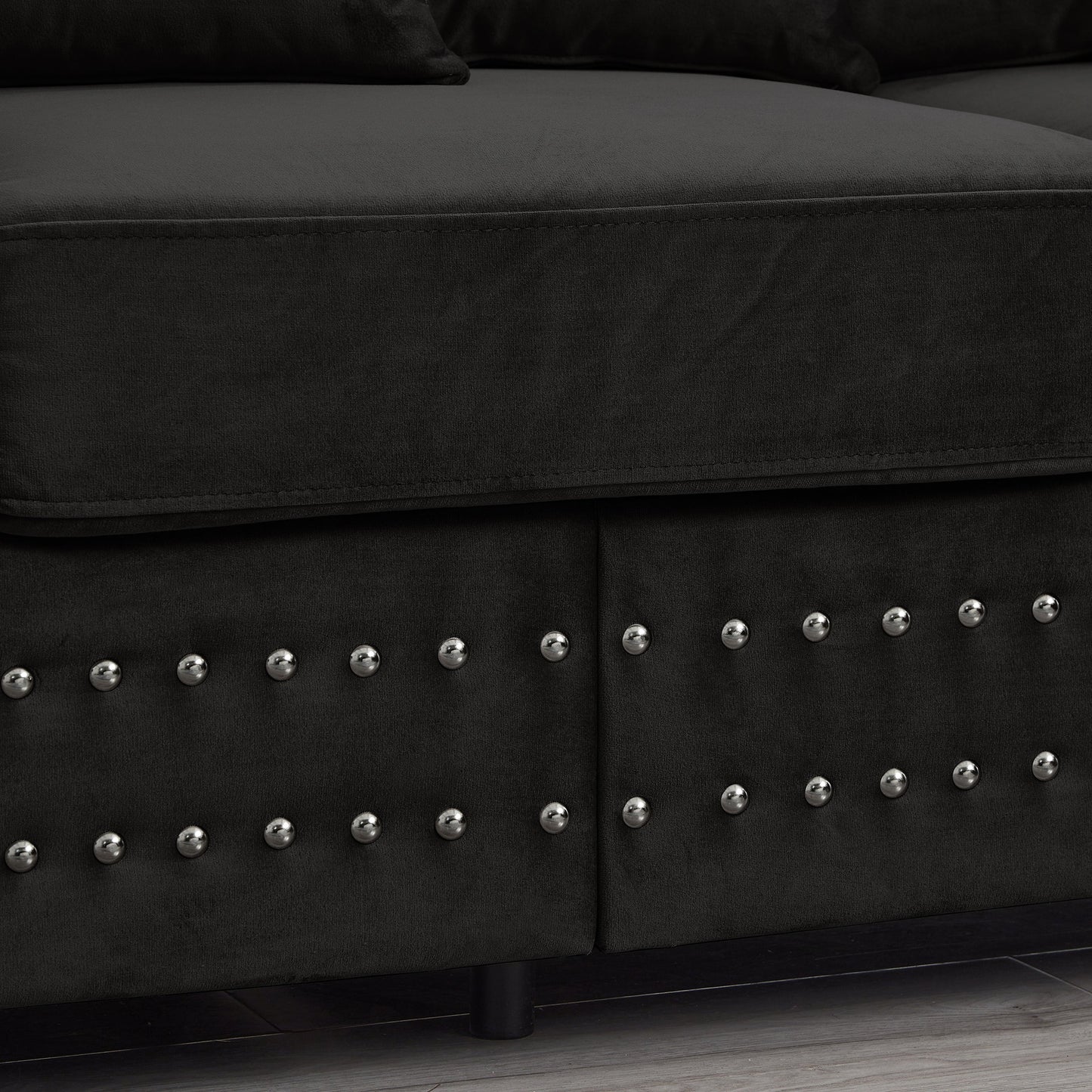 Modern Design Living Room Sofa Square Armrest With Silver Nails Decoration Upholstered Velvet Couch Black