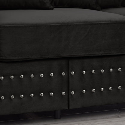Modern Design Living Room Sofa Square Armrest With Silver Nails Decoration Upholstered Velvet Couch Black