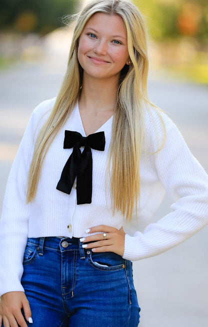 Bow Tie V-Neck Cropped Cardigan