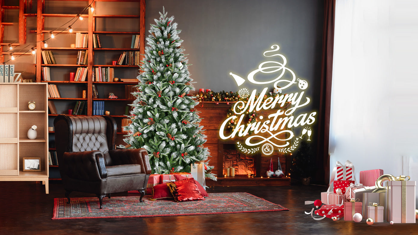 7FT Christmas Tree With 2178 Tips, Red Berries & Pine Cones – Snow-Dusted PE+PVC Branches, Hinged Design for Easy Setup,