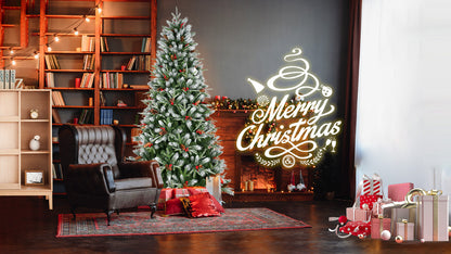 7FT Christmas Tree With 2178 Tips, Red Berries & Pine Cones – Snow-Dusted PE+PVC Branches, Hinged Design for Easy Setup,