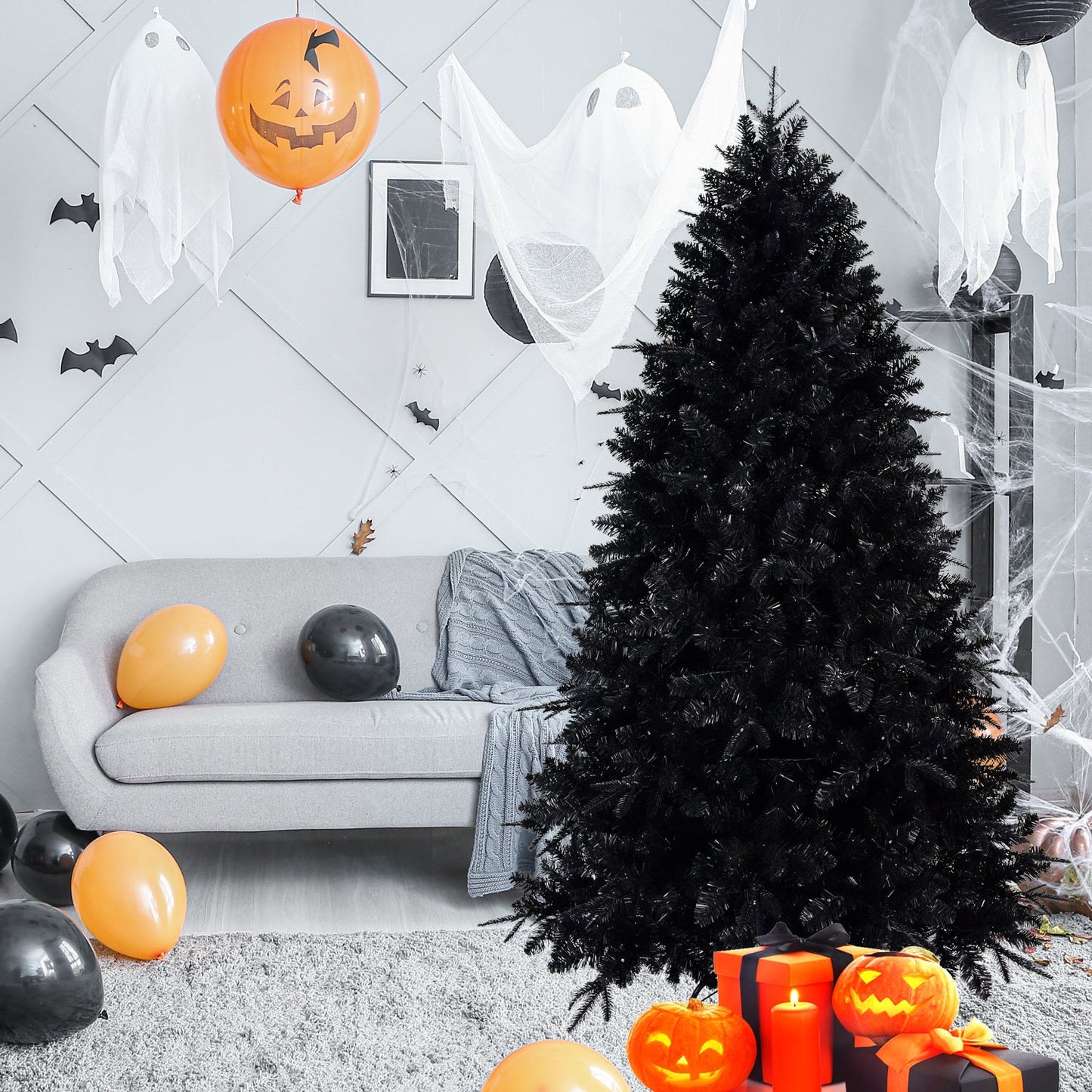 7ft Black Christmas Tree With 450 White LED Lights, 1916 Tips PE+PVC Artificial Tree for Halloween & Holiday Decor, Hing