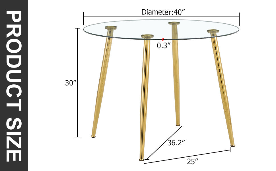 A Glass Tabletop With a Diameter of 40 Inches and a Modern Minimalist Circular Dining Table With Gold Plated Metal Legs.