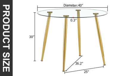 A Glass Tabletop With a Diameter of 40 Inches and a Modern Minimalist Circular Dining Table With Gold Plated Metal Legs.