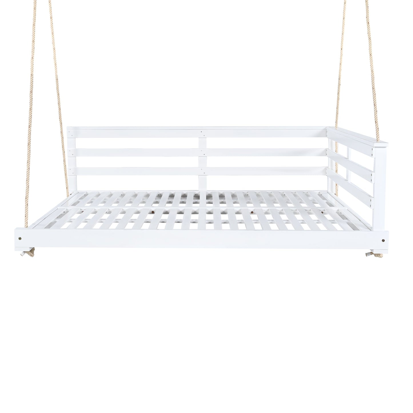 Acacia Wood Porch Swing Bed for Outdoor With Hemp Ropes - Full Size Patio Hanging Bed, 350lbs Capacity, Open-Side Minima