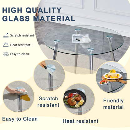 Table and Chair set.A 38.6' Transparent Tempered Glass Round Dining Table-Silver Metal Legs.Paired With 6 BLACK PU Mater