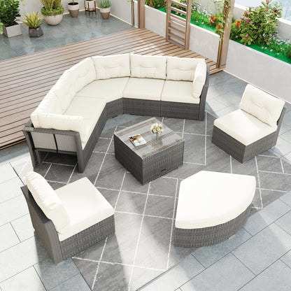 Patio Furniture Set Outdoor Daybed Rattan Sectional With Cushions and Center Table, Beige, Iron & Rattan, Multiple Sizes